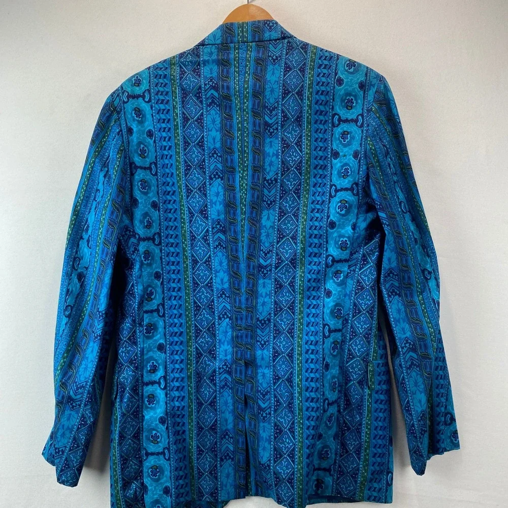 VTG Rare Steegan Handprinted Batik Cotto Men 40 Blue Geometric Sport Coat Ornate